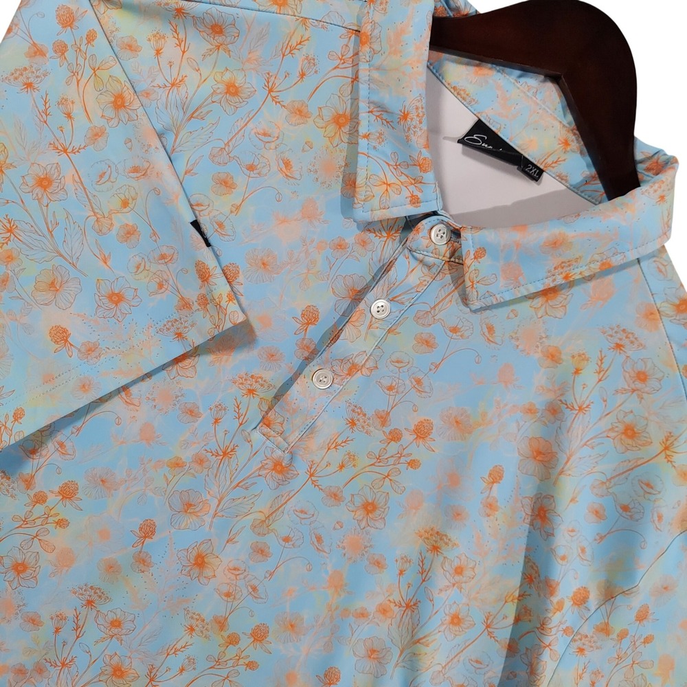 Sunday Swagger Polo Shirt Men 2XL Blue Orange Floral Performance Golf Short Slv